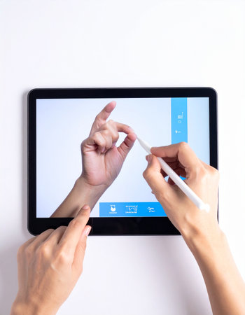 A top-down view of a creative professional's hands using a stylus to edit a photograph on a digital tablet.の素材