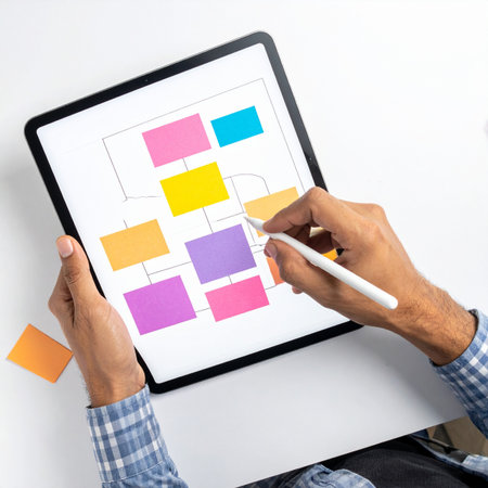 A creative professional maps out a complex business process on a digital tablet.の素材