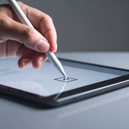 With a precise touch of a digital stylus, a user confirms their choice, ticking the final checkbox on a tablet screen.の素材