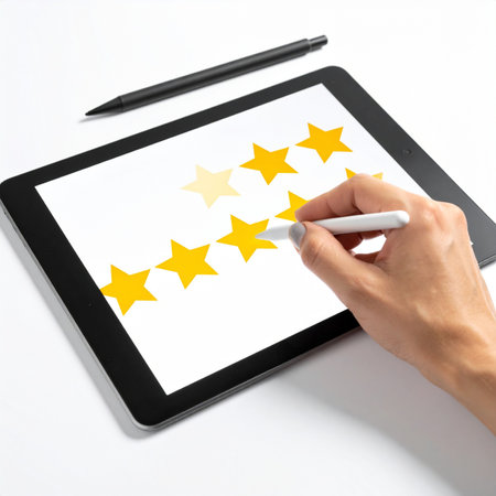 A user gives a glowing five-star review on a modern tablet, using a stylus to highlight their excellent customer experience.の素材