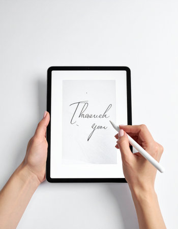 In a modern, minimalist setting, a person uses a stylus to handwrite a heartfelt 'Thank you' note on a digital tablet.の素材