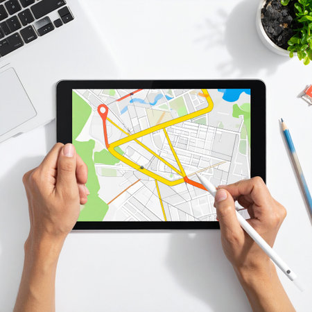 From a top-down perspective, a person uses a stylus to meticulously plan a delivery route on a digital map displayed on a tablet.の素材