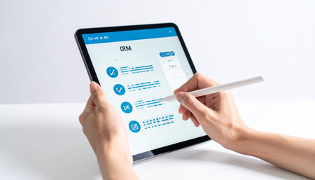 A professional's hands use a stylus to interact with a CRM application on a tablet.の素材
