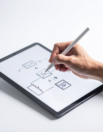 A UX designer meticulously sketches a user flow diagram on a digital tablet.の素材