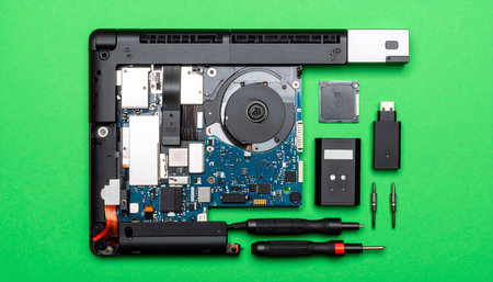 A top-down view captures the intricate process of a laptop repair or upgrade.の素材