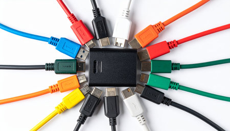 A central black hub acts as the core, uniting a diverse array of colorful cables.の素材