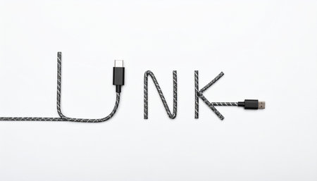A braided USB-C cable creatively spells out the word 'LINK' on a clean white background.の素材