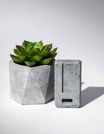 A touch of nature meets industrial design. A vibrant green succulent thrives in a geometric concrete planter, set against a clean, minimalist background.の素材