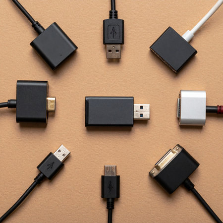 A neatly organized collection of essential digital adapters and connectors laid out on a neutral background.の素材