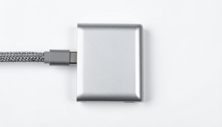 A close-up of a modern, silver aluminum portable device, possibly an SSD or power bank, connected by a durable braided grey cable.の素材