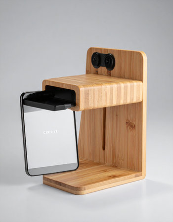 A sleek, modern wooden charging station provides a dedicated and stylish home for a smartphone.の素材
