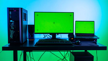 A powerful gaming and streaming command center featuring a desktop PC, laptop, and dual monitors with green screens, ready for custom content.の素材