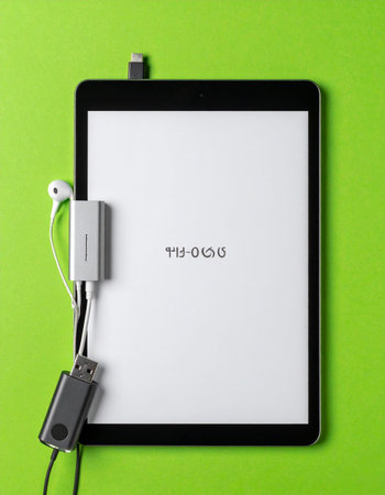A top-down view of a modern digital workspace. A sleek tablet with a blank screen, ready for content, is connected to essential accessories like an adapter hub, earphones, and a USB drive.の素材