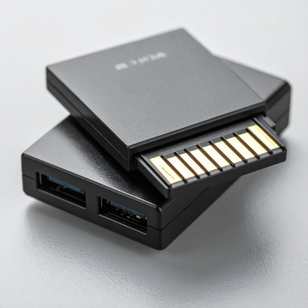A modern, black SD card adapter is shown against a minimalist grey background, symbolizing the crucial link between data creation and secure storage.の素材