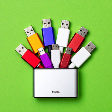 A central hub of digital activity, where a bouquet of colorful USB cables converge.の素材