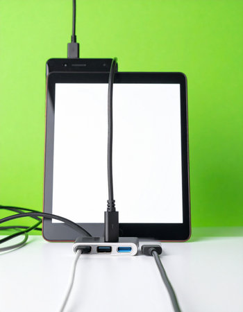 A modern digital tablet with a blank white screen for mockups is connected to a multiport USB-C hub, expanding its capabilities.の素材