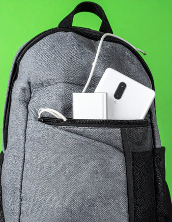 Packed and ready for the day's journey, this modern backpack holds all the essential tech.の素材