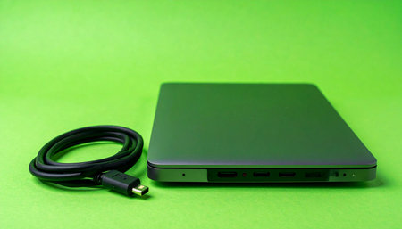 A sleek, closed laptop rests next to its power cable, ready for action on a vibrant green background.の素材