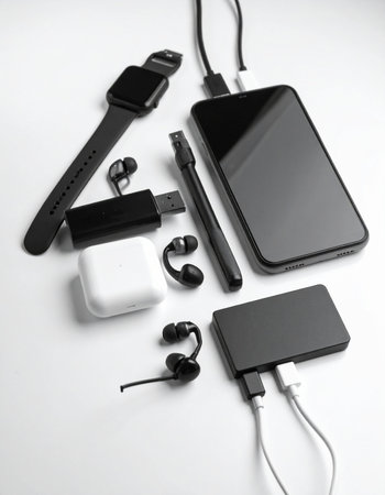 A curated collection of essential modern technology laid out in a sleek monochrome flat lay.の素材