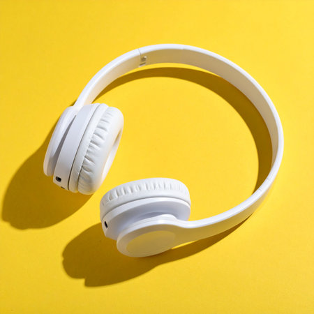 Sleek white wireless headphones rest on a vibrant yellow surface, casting a distinct shadow.の素材