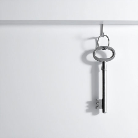 A single vintage key hangs against a clean, white wall, casting a distinct shadow. This minimalist and high-key image represents concepts of access, opportunity, and finding the right solution.の素材