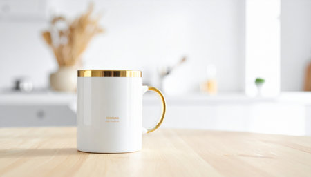 A moment of morning tranquility. An elegant white mug with a gold rim and handle sits on a warm wooden table, ready for a favorite hot beverage.の素材