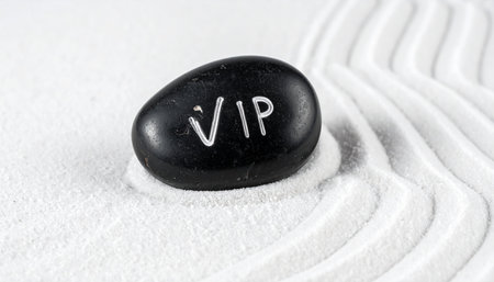A single black stone, marked for a 'Very Important Person,' rests in a tranquil zen garden.の素材