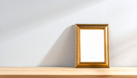An elegant gold picture frame stands on a light wooden shelf, bathed in soft sunlight that casts a gentle shadow on the plain wall behind.の素材
