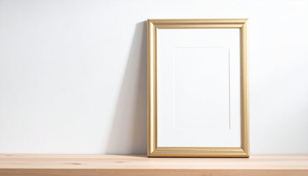 A single, elegant gold frame rests on a warm wooden shelf, casting a gentle shadow against a clean white wall.の素材