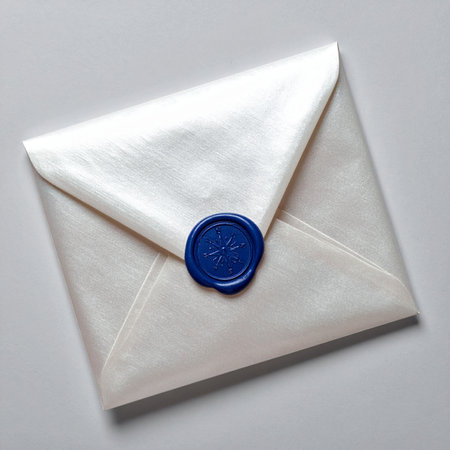 An elegant, handcrafted invitation or a personal letter is carefully folded and sealed with a traditional blue wax stamp, ready to be sent for a special occasion like a wedding or formal event.の素材