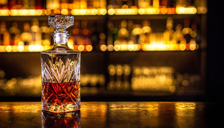 An elegant crystal decanter, filled with aged amber whiskey, sits on a polished bar top.の素材