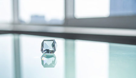 A single, perfectly cut crystal gemstone rests on a reflective glass surface, its facets catching the soft, ambient light.の素材