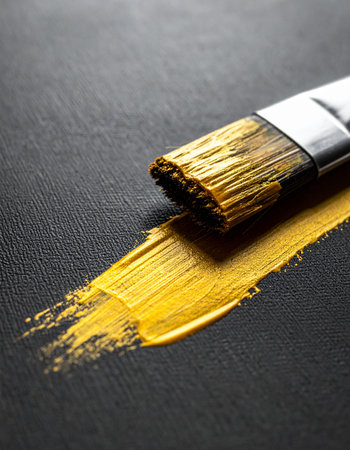 A single, bold stroke of vibrant yellow paint is applied to a textured black canvas, capturing the initial moment of creative expression.の素材