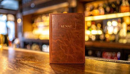 A classic leather-bound menu stands ready on a polished wooden bar, its cover catching the warm, ambient light of the evening.の素材