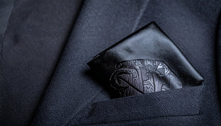 A close-up detail shot capturing the quiet elegance of a man's formal attire.の素材