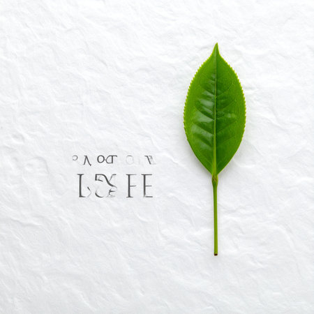 A single, vibrant green tea leaf rests on a clean, textured white paper surface.の素材