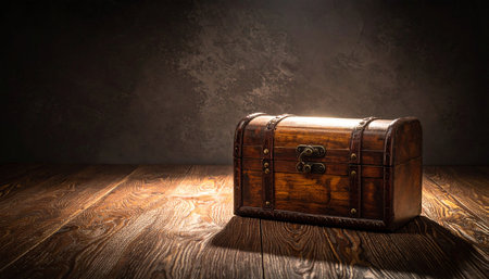 An old, locked wooden treasure chest sits on a rustic floor, illuminated by a single beam of light in a dark, mysterious room.の素材
