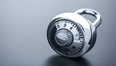 A close-up of a shiny chrome combination padlock rests on a dark, reflective surface.の素材
