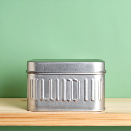 A simple silver metal tin rests on a warm wooden shelf, offering a clean and organized storage solution against a calm, mint green background.の素材