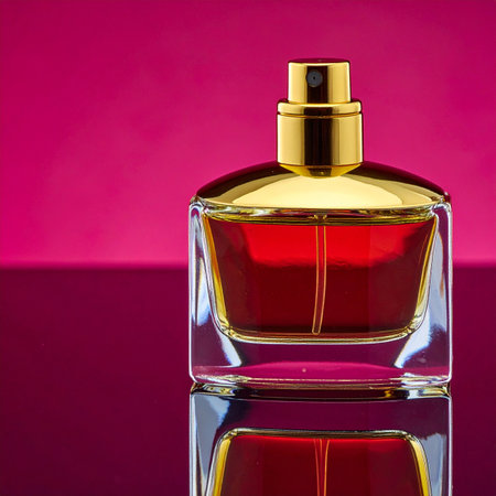 A stunning bottle of rich, red perfume stands against a vibrant pink backdrop, its elegant form reflected perfectly on the glossy surface below.の素材