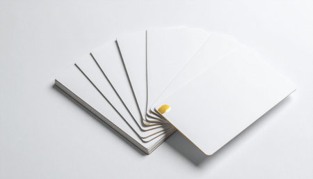 A clean, minimalist stack of blank white cards fanned out on a neutral background, ready for a new design.の素材