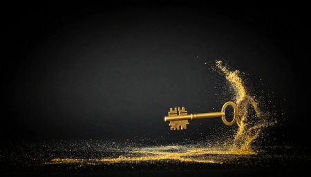 A dynamic figure crafted from shimmering golden particles surges forward through the darkness, holding aloft a large, ornate key.の素材