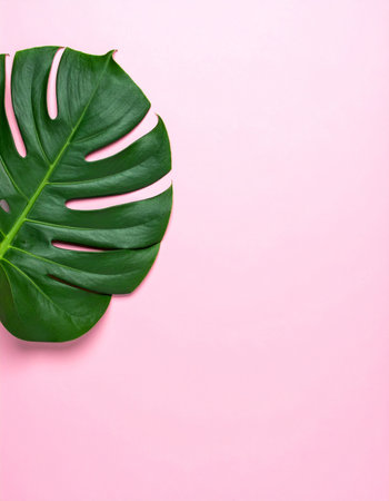 Evoking a sense of calm and tropical escape, this fresh monstera leaf brings a touch of nature's elegance to a clean, contemporary pink canvas.の素材