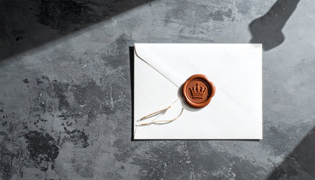 A classic white envelope, secured with a regal brown wax seal bearing a crown emblem, rests on a dark, textured stone surface.の素材