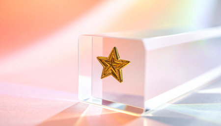 A single golden star, a symbol of ultimate achievement and excellence, is captured within a crystal clear prism.の素材