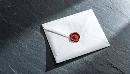 A pristine white envelope, secured with a traditional red wax seal, rests on a dark slate surface.の素材