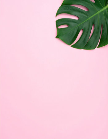 A single, vibrant green monstera leaf rests elegantly in the corner of a soft pink background.の素材
