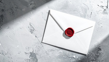 A single white envelope, secured with a classic red wax seal, rests on a textured stone surface.の素材