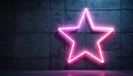 A brilliant pink neon star casts an electric glow against a dark, industrial concrete wall.の素材