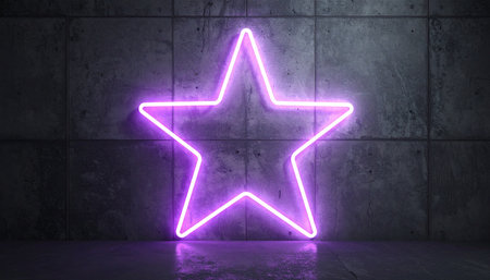 A single, vibrant purple neon star glows intensely against the raw, textured surface of a dark concrete wall.の素材